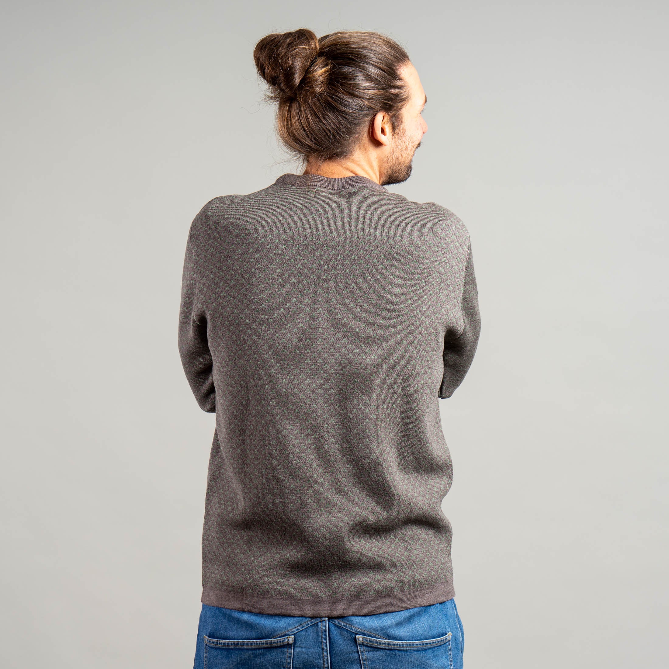 Benno 100% Merino Strickpullover Herren Grün Braun gemustert – Ansicht 5
