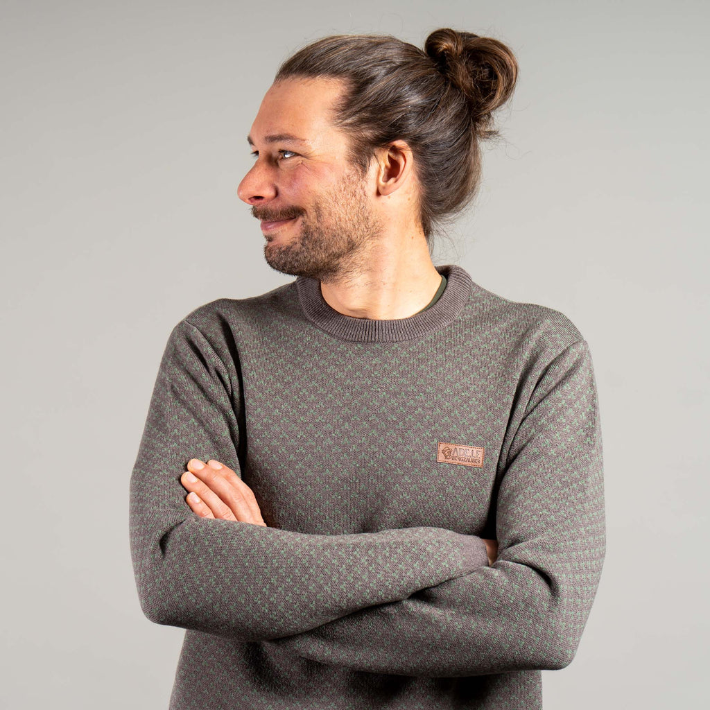 Benno 100% Merino Strickpullover Herren Grün Braun gemustert – Ansicht 3