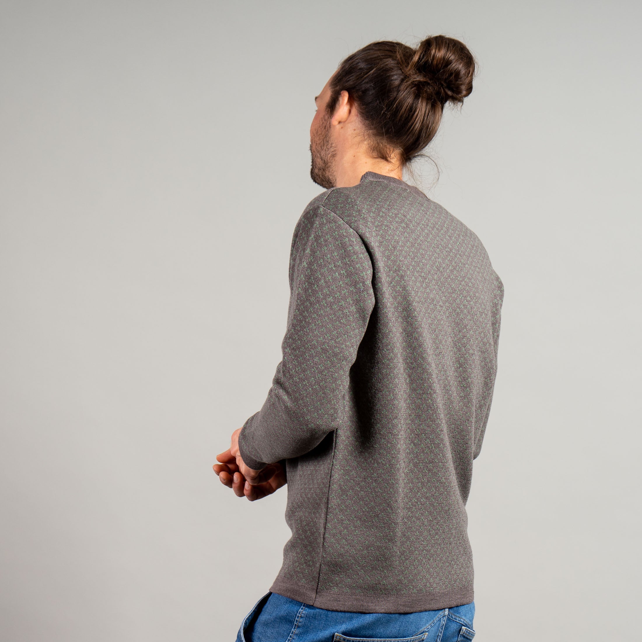 Benno 100% Merino Strickpullover Herren Grün Braun gemustert – Ansicht 4
