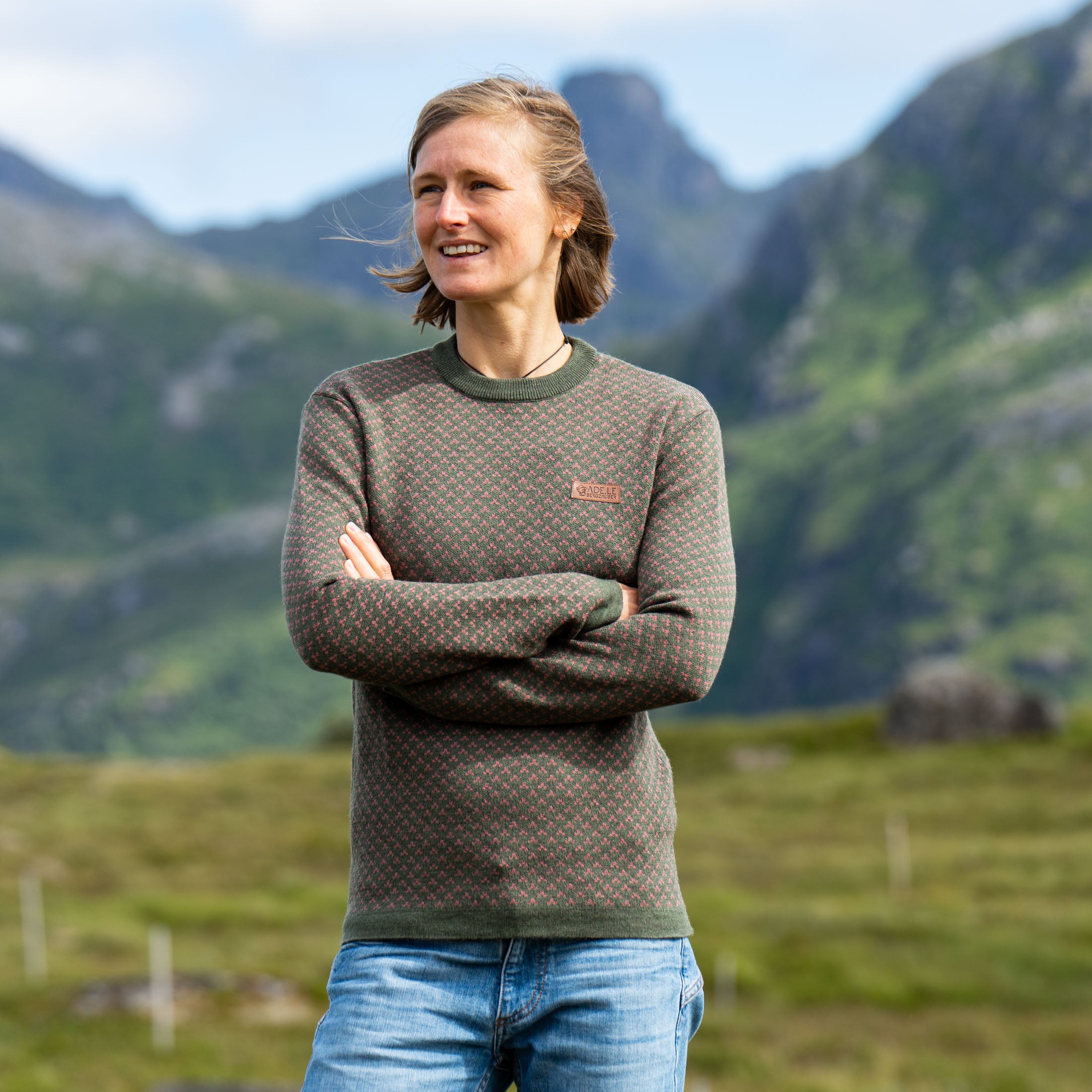 Vroni 100% Merino Strickpullover Damen Grün Rosa gemustert – Ansicht 2