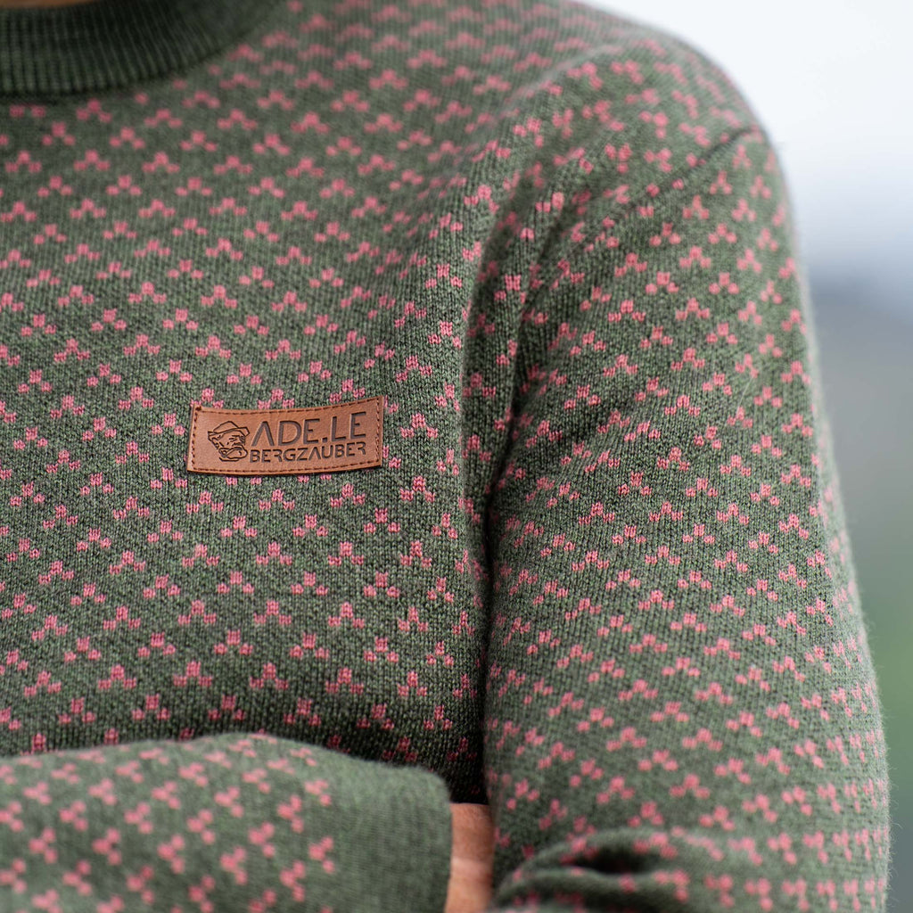 Vroni 100% Merino Strickpullover Damen Grün Rosa gemustert – Ansicht 4