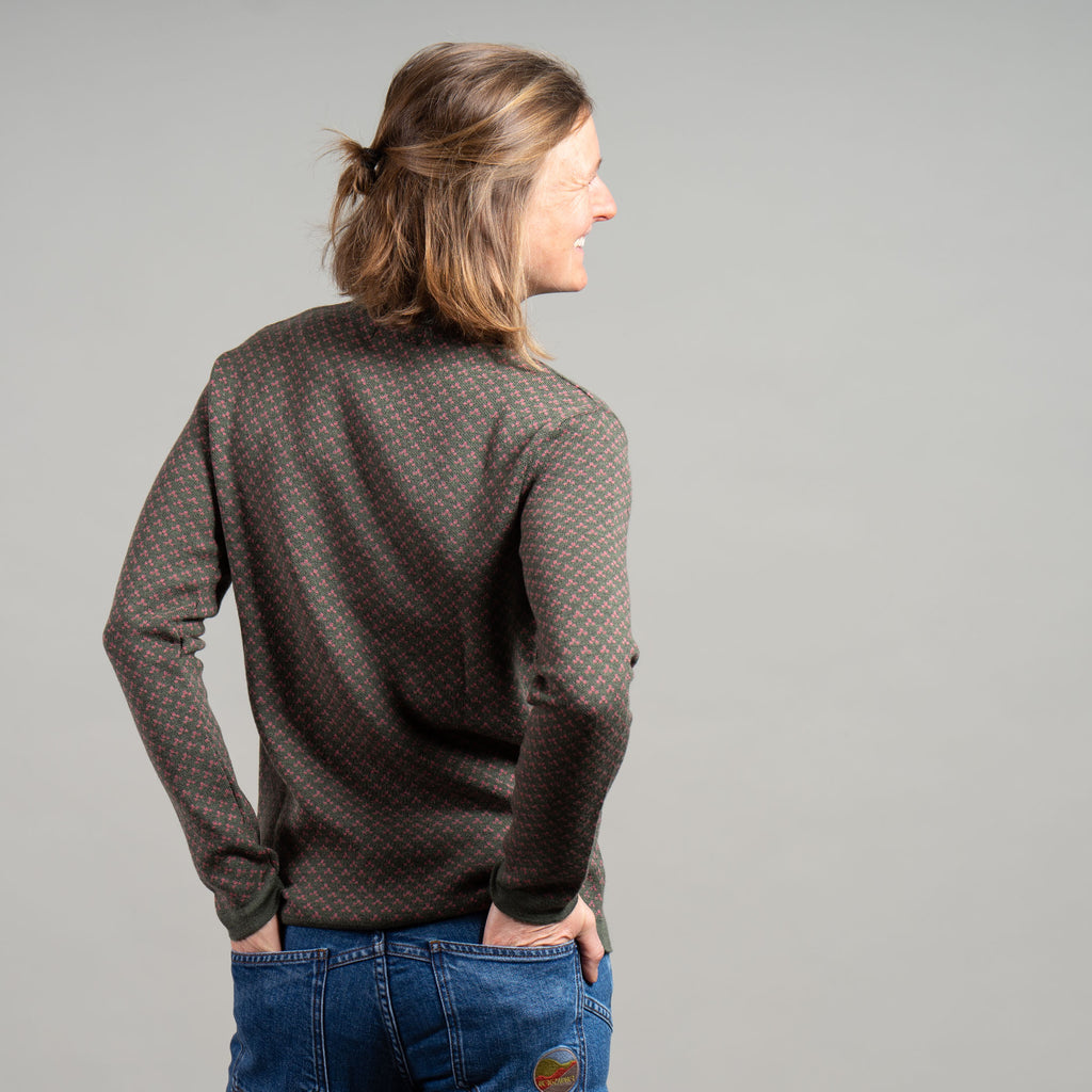 Vroni 100% Merino Strickpullover Damen Grün Rosa gemustert – Ansicht 7