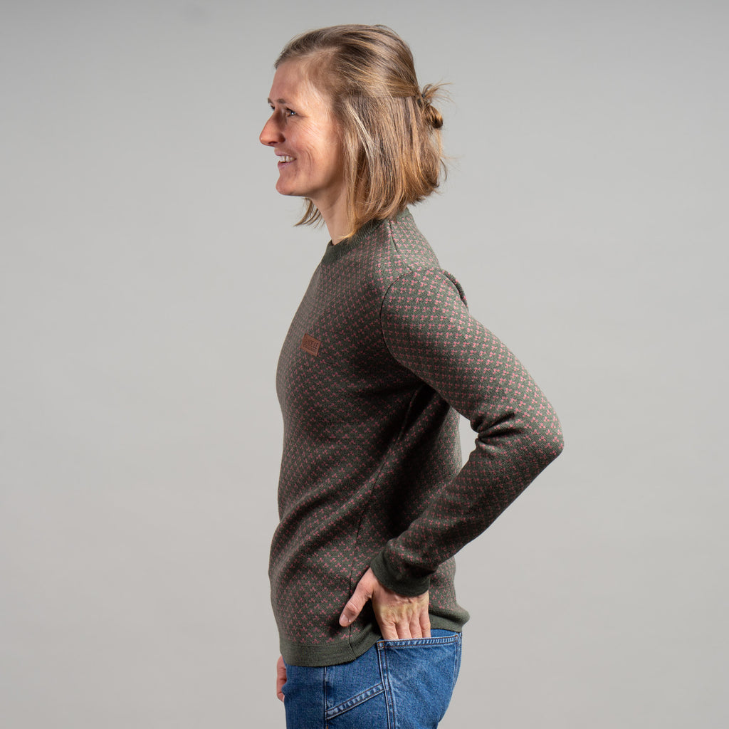 Vroni 100% Merino Strickpullover Damen Grün Rosa gemustert – Ansicht 6