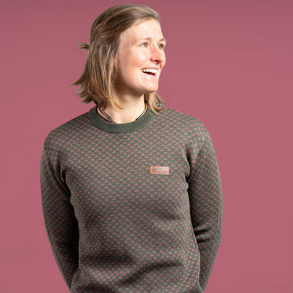 Vroni 100% Merino Strickpullover Damen Grün Rosa gemustert – Ansicht 1